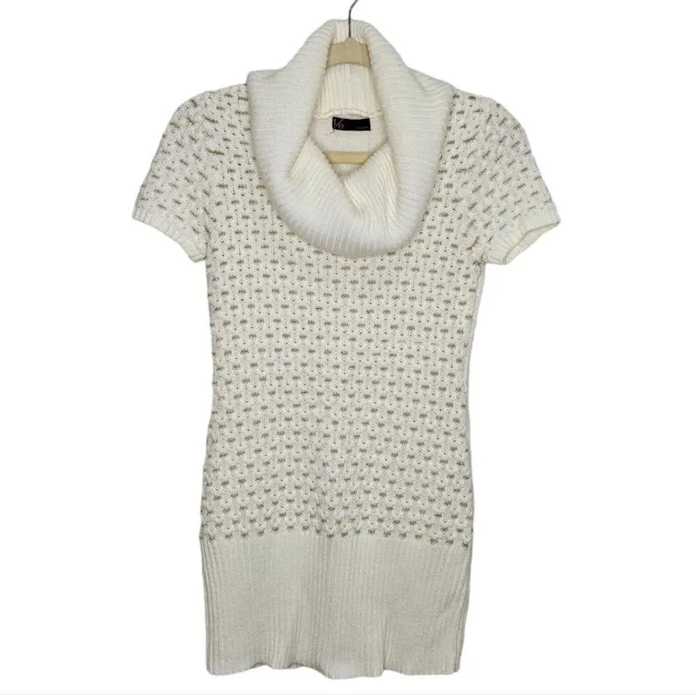 t/o Sweaters Turtleneck Short Sleeve Sweater White Accented with Gold Thread SML